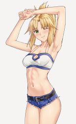 Rule 34 | 1girl, arm up, armpits, bandeau, bare shoulders, belt, belt buckle, blonde hair, blush, braid, breasts, buckle, cleavage, collarbone, cutoffs, denim, denim shorts, fate/apocrypha, fate (series), french braid, green eyes, grin, hair ornament, hair scrunchie, long hair, looking at viewer, medium breasts, mordred (fate), mordred (fate/apocrypha), mordred (memories at trifas) (fate), navel, one eye closed, parted bangs, ponytail, sarhce, scrunchie, short shorts, shorts, sidelocks, smile, solo, thighs