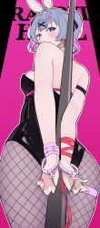 Rule 34 | 1girl, absurdres, animal ears, arms behind back, ass, back, backless leotard, black ribbon, blush, breasts, commentary, cowboy shot, cuffs, fake animal ears, fishnet pantyhose, fishnets, gradient hair, grey hair, hair ornament, hair ribbon, hairband, handcuffs, hatsune miku, highres, leotard, liz (piyoko piyop), looking at viewer, looking back, medium breasts, medium hair, multicolored hair, outline, pantyhose, pink background, pink hair, rabbit ears, rabbit hair ornament, rabbit hole (vocaloid), ribbon, solo, song name, strapless, strapless leotard, v-shaped eyebrows, vocaloid, white hairband, white outline, x hair ornament