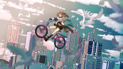 Rule 34 | 1girl, absurdres, angelina (arknights), animal ears, ankle boots, arknights, bicycle, bird, black footwear, black gloves, black shirt, black shorts, blue sky, boots, brown hair, building, city, cloud, coat, commentary request, day, flying, fox ears, fox girl, fox tail, full body, gloves, gradient sky, haku (muc12b), highres, kneehighs, long hair, long sleeves, mixed-language commentary, open clothes, open coat, open mouth, outdoors, red eyes, scenery, shirt, shorts, sidelocks, sitting, sky, socks, solo, tail, twintails, white coat, yellow sky