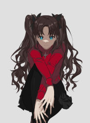 Rule 34 | 1girl, alternate legwear, black bow, black pantyhose, black skirt, blue eyes, bow, brown hair, closed mouth, fate/stay night, fate (series), hair bow, hair intakes, highres, long hair, long sleeves, looking at viewer, miniskirt, pantyhose, pleated skirt, red shirt, shirt, simple background, sitting, skirt, solo, sunyack, tohsaka rin, twintails, very long hair, white background