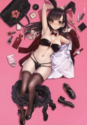 Rule 34 | 1girl, absurdres, animal ears, armpits, arms up, bag, bare arms, bare shoulders, bikini, black bikini, black footwear, black hair, black skirt, blush, bow, bowtie, breasts, brown eyes, brown thighhighs, cellphone, cleavage, covered navel, detached collar, duffel bag, fake animal ears, from above, frown, groin, hairband, highres, jacket, koh (minagi kou), large breasts, leotard, loafers, long hair, long sleeves, looking at viewer, lying, miniskirt, mole, mole under eye, multi-strapped bikini, navel, no bra, nose blush, on back, open clothes, open jacket, original, parted lips, phone, pink background, playboy bunny, pleated skirt, rabbit ears, red jacket, satin, satin bra, satin panties, scan, shoes, unworn shoes, skindentation, skirt, skirt around one leg, smartphone, solo, stomach, strapless, strapless bikini, string bikini, swimsuit, thighhighs, thighs