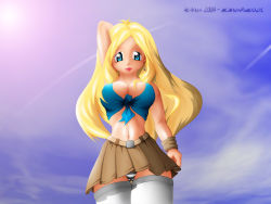 Rule 34 | 00s, 1girl, 2004, arcanux, artist name, blonde hair, blouse, blue eyes, blue shirt, breasts, cleavage, cowboy shot, day, earrings, email address, half-closed eyes, jewelry, large breasts, long hair, miniskirt, original, outdoors, panties, shirt, skirt, sleeveless, sleeveless shirt, solo, standing, stomach, striped clothes, striped panties, thighhighs, underwear, white thighhighs