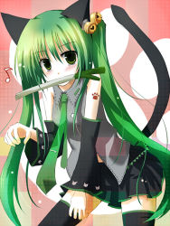 Rule 34 | animal ears, cat ears, cat tail, detached sleeves, green eyes, green hair, hatsune miku, kemonomimi mode, long hair, mashayuki, mouth hold, musical note, paw pose, skirt, solo, spring onion, tail, thighhighs, twintails, very long hair, vocaloid, zettai ryouiki