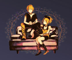 Rule 34 | 1boy, 1girl, alternate hairstyle, bad id, bad pixiv id, bare shoulders, blonde hair, blue eyes, brother and sister, couch, frown, grin, hair ornament, hair ribbon, hairclip, indie utaite, kagamine len, kagamine rin, looking at viewer, own hands clasped, own hands together, ribbon, shoes, short hair, siblings, smile, tsuyuxxx, twins, utaite, vocaloid