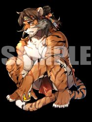 Rule 34 | 1boy, abs, acrylic stand, alcohol, arknights, bara, black background, bulge, clenched teeth, cup, facial hair, full body, furry, furry male, goatee, headband, highres, holding, holding cup, huai tianpei (arknights), large pectorals, loincloth, looking at viewer, male focus, mature male, muscular, muscular male, mutton chops, nipples, one eye closed, orange fur, pectorals, pelvic curtain, ppyong, sample watermark, short hair, solo, squatting, stomach, striped fur, sweat, teeth, thick eyebrows, tiger boy, topknot, topless male, very sweaty, watermark, wine