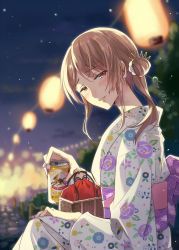 Rule 34 | 1girl, bag, beer can, blurry, blurry background, brown eyes, brown hair, can, commentary request, drink can, drunk, floral print, hair bun, half-closed eyes, hand on own knee, highres, holding, holding can, japanese clothes, kimono, lantern, long hair, long sleeves, looking at viewer, nekozuki yuki, night, night sky, obi, original, outdoors, paper lantern, parted lips, sash, scrunchie, side bun, signature, single side bun, sitting, sky, smile, solo, white scrunchie, yukata