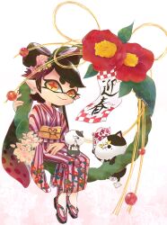Rule 34 | 1girl, animal, animal on lap, callie (splatoon), camellia, cat, closed mouth, cross-shaped pupils, dated, earrings, flower, food, food on head, furisode, hair ornament, highres, inkling, japanese clothes, jewelry, judd (splatoon), kimono, li&#039;l judd (splatoon), long hair, long sleeves, looking at viewer, mole, mole under eye, new year, nintendo, obi, object on head, okome 2g2g, on lap, orange eyes, pink footwear, pointy ears, red flower, red kimono, sandals, sash, sitting, smile, socks, solo, splatoon (series), striped clothes, striped kimono, sushi, swept bangs, symbol-shaped pupils, tabi, tentacle hair, vertical-striped clothes, vertical-striped kimono, very long hair, white background, white socks, wide sleeves, zouri