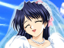 Rule 34 | 1girl, blue hair, doushin, dress, happy, long hair, suruga ryoko, wedding dress