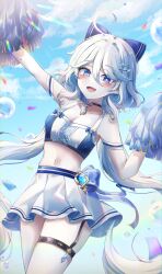 Rule 34 | 1girl, absurdres, bare shoulders, blue hair, breasts, cheerleader, cleavage, drop-shaped pupils, furina (genshin impact), genshin impact, highres, light blue hair, long hair, looking at viewer, multicolored hair, open mouth, ryunbi, smile, solo, streaked hair, symbol-shaped pupils