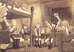Rule 34 | 10s, 6+girls, ^ ^, amanda o&#039;neill, anbe yoshirou, bed, bedroom, book, bunk bed, chair, chips (food), closed eyes, constanze amalie von braunschbank-albrechtsberger, diana cavendish, food, full body, group picture, half-closed eyes, happy, highres, indoors, jasminka antonenko, kagari atsuko, lamp, little witch academia, lotte jansson, lying, multiple girls, on stomach, open mouth, potato chips, robot, school uniform, shiny rod (little witch academia), sitting, smile, sucy manbavaran, window, wooden floor