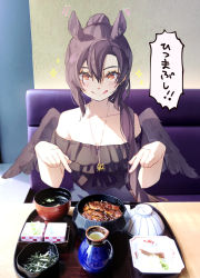 Rule 34 | 2girls, :q, adapted costume, animal ears, bare shoulders, black shirt, black wings, blush, breasts, cleavage, collarbone, commentary request, couch, earrings, feathered wings, food, hair between eyes, highres, horse ears, horseshoe earrings, indoors, jewelry, kurokoma saki, layered shirt, long hair, looking at viewer, medium breasts, multiple girls, necklace, no headwear, off-shoulder shirt, off shoulder, pegasus wings, photo background, pointing, pointing down, ponytail, red eyes, reflection, shirt, sitting, solo focus, sparkle, syuri22, tongue, tongue out, touhou, toyosatomimi no miko, wings