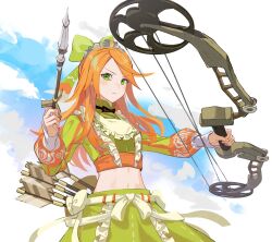 Rule 34 | 1girl, arrow (projectile), blue sky, bow, bow (weapon), cloud, commentary request, compound bow, crop top, day, etie (fire emblem), fire emblem, fire emblem engage, green bow, green eyes, green shirt, green skirt, hair bow, highres, holding, holding arrow, holding bow (weapon), holding weapon, long hair, long sleeves, looking at viewer, midriff, mikami, navel, nintendo, orange hair, shirt, skirt, skirt set, sky, solo, stomach, tiara, weapon