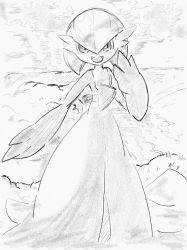 Rule 34 | 1girl, bob cut, cloud, creatures (company), female focus, flat chest, full body, game freak, gardevoir, gen 3 pokemon, grey background, greyscale, hair between eyes, hand up, happy, highres, looking at viewer, monochrome, munna (pixiv 4032814), nintendo, open mouth, outdoors, pokemon, pokemon (creature), short hair, sketch, sky, smile, solo, standing, traditional media