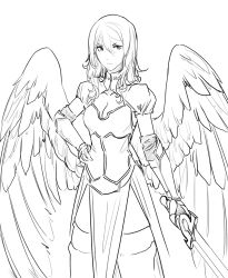 Rule 34 | 1girl, angel wings, armor, armored dress, breasts, cleavage, cleavage cutout, closed mouth, clothing cutout, cowboy shot, elbow gloves, feathered wings, gauntlets, gloves, greyscale, hair between eyes, hand on own hip, highres, holding, holding sword, holding weapon, less, light frown, looking at viewer, medium breasts, monochrome, original, pelvic curtain, puffy short sleeves, puffy sleeves, short sleeves, simple background, sketch, solo, standing, sword, thighhighs, weapon, white background, wings