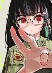 Rule 34 | 1girl, absurdres, black hair, blunt bangs, closed mouth, earrings, glasses, green jacket, hair ornament, hairclip, highres, jacket, jewelry, looking at viewer, medium hair, original, outstretched hand, polilla, reaching, reaching towards viewer, red eyes, solo, spread fingers, upper body