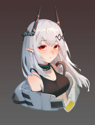 Rule 34 | 1girl, absurdres, arknights, bare shoulders, breasts, chinese commentary, commentary request, crop top, cropped torso, gradient background, grey background, heiyizhushenxia, highres, horns, infection monitor (arknights), long hair, looking at viewer, medium breasts, midriff, mudrock (arknights), mudrock (elite ii) (arknights), off shoulder, orange eyes, partial commentary, pointy ears, sarashi, silver hair, solo, sports bra, upper body