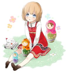 Rule 34 | 10s, 1girl, between legs, blush, boots, chestnut mouth, dress, flag, floral background, flower, furrowed brow, girls und panzer, hand between legs, katyusha (girls und panzer), light brown hair, matryoshka doll, military, military vehicle, motor vehicle, red dress, russian clothes, short hair, sino (sionori), sitting, slavic clothes, solo, t-34, tank, vehicle