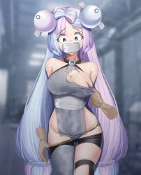 Rule 34 | 1girl, arms behind back, bike shorts, bike shorts pull, blue hair, blurry, blurry background, bow-shaped hair, breasts, bt (3212637), character hair ornament, cleavage, commentary request, creatures (company), disembodied hand, eyelashes, gag, gagged, game freak, grey pantyhose, hair ornament, highres, improvised gag, iono (pokemon), large breasts, long hair, medium breasts, multicolored hair, nintendo, pantyhose, pokemon, pokemon sv, purple hair, raised eyebrows, single leg pantyhose, tape, tape gag, thigh strap, torn clothes, twintails, two-tone hair