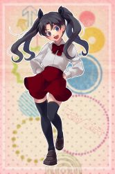 Rule 34 | 1girl, :d, bad id, bad pixiv id, black hair, black thighhighs, blue eyes, bow, bowtie, child, fate/stay night, fate/zero, fate (series), full body, hair ribbon, head tilt, loafers, long hair, open mouth, oppaisagara, ribbon, shoes, skirt, smile, solo, thighhighs, tohsaka rin, twintails, aged down, zettai ryouiki