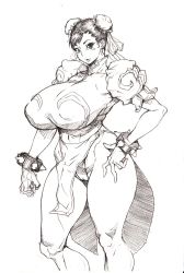 Rule 34 | 1girl, bonten, breasts, bun cover, cameltoe, capcom, china dress, chinese clothes, chun-li, double bun, dress, female focus, greyscale, highres, huge breasts, kicking thighs, looking at viewer, monochrome, pantyhose, pelvic curtain, scan, short hair, smile, solo, street fighter, thick thighs, thighs, toned, traditional media