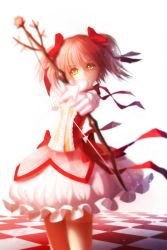 Rule 34 | 10s, 1girl, aiming, aiming at viewer, alternate eye color, arrow (projectile), blurry, bow, bow (weapon), checkered floor, depth of field, drawing bow, dress, gloves, hair between eyes, hair bow, hair ribbon, holding, holding bow (weapon), holding weapon, kaname madoka, looking at viewer, magical girl, mahou shoujo madoka magica, mahou shoujo madoka magica (anime), neonil, petticoat, pink hair, pov, red bow, red ribbon, ribbon, solo, weapon, white gloves, yellow eyes
