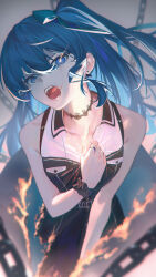Rule 34 | 1girl, bare shoulders, black choker, black dress, blue bow, blue eyes, blue hair, bow, chain, choker, cracked skin, dress, eye trail, hair bow, highres, hololive, hoshimachi suisei, hoshimachi suisei (streetwear), jewelry, light trail, looking at viewer, one side up, open mouth, ring, solo, virtual youtuber, whitem (whiteemperor2020)