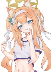 1girl :p absurdres alternate_hairstyle animal_ear_fluff animal_ears blue_archive blue_eyes blush breasts candy eco_mak1 flower food fox_ears gym_shirt gym_uniform hair_flower hair_ornament hair_ribbon hairband halo highres holding holding_candy holding_food holding_lollipop lollipop long_hair looking_at_viewer mari_(blue_archive) mari_(track)_(blue_archive) midriff navel official_alternate_costume orange_hair ribbon shirt short_sleeves sidelocks simple_background small_breasts smile solo stomach tongue tongue_out twintails upper_body v white_background white_flower white_hairband white_shirt yellow_halo