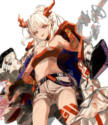 Rule 34 | 1girl, arknights, arm tattoo, bandeau, belt, black belt, breasts, colored skin, cowboy shot, dragon girl, dragon horns, earrings, hand on own hip, highres, holding, holding clothes, holding jacket, horns, jacket, unworn jacket, jewelry, leg tattoo, long hair, looking at viewer, multicolored hair, nian (arknights), open clothes, open jacket, pointy ears, ponytail, purple eyes, red bandeau, red hair, red skin, shion (1016 shio), shorts, simple background, small breasts, solo, streaked hair, tassel, tassel earrings, tattoo, teeth, tongue, tongue out, upper teeth only, white background, white hair, white jacket, white shorts