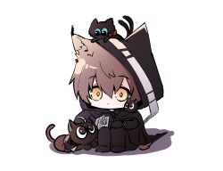 Rule 34 | 1boy, absurdres, animal, animal ears, animal on head, arknights, black cat, black footwear, black pants, blue eyes, bow, brown hair, cat, cat boy, cat ears, chibi, christine (arknights), commentary, dot mouth, full body, hair bow, heixiu, highres, id card, luo xiaohei, luo xiaohei (cat), luo xiaohei zhanji, male focus, on head, p (hgdsisd), pants, petting, phantom (arknights), red bow, shadow, short hair, simple background, squatting, white background, yellow eyes