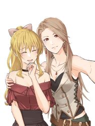 Rule 34 | 2girls, armpits, belt, black choker, black shirt, blonde hair, blush, bow, breasts, brown belt, brown hair, choker, cleavage, closed eyes, commentary request, cow, earrings, granblue fantasy, hair bow, hand on another&#039;s shoulder, hand to own mouth, highres, jewelry, katalina (granblue fantasy), light blush, light smile, looking at viewer, medium breasts, midriff peek, miso-ha (ukyuu), multiple girls, pink bow, ponytail, red eyes, selfie, shirt, sidelocks, smile, strapless, vira (granblue fantasy), white background