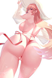 Rule 34 | 1girl, ass, ass focus, azur lane, back, backless swimsuit, bare shoulders, blonde hair, blush, breasts, detached sleeves, hat, highleg, highleg swimsuit, highres, kaneko (bblogtinhan), large breasts, long hair, looking at viewer, official alternate costume, one-piece swimsuit, open mouth, pink eyes, pink one-piece swimsuit, richelieu (azur lane), richelieu (fleuron of the waves) (azur lane), sideboob, simple background, sun hat, swimsuit, thighs, white background