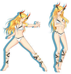 Rule 34 | 1girl, barefoot, blonde hair, bracelet, closed eyes, contrapposto, full body, graphite (medium), greek mythology, highres, horns, jewelry, long hair, looking at viewer, mechanical pencil, multiple views, navel, original, pencil, red eyes, ribbon, simple background, smile, standing, swimsuit, tachi-e, traditional media, white background, yustinos