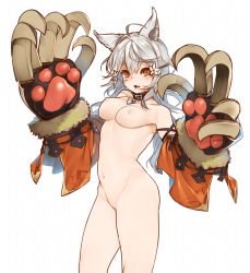 Rule 34 | 1girl, animal ears, animal hands, antenna hair, bell, blush, breasts, cat ears, cat paws, claw (weapon), claws, collar, cowboy shot, erune, fang, flower, gloves, granblue fantasy, hair between eyes, hair flower, hair ornament, kochiya (gothope), long hair, looking at viewer, medium breasts, neck bell, nipples, nude, open mouth, orange eyes, paw gloves, sen (granblue fantasy), silver hair, solo, standing, weapon, white background