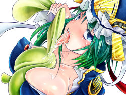 Rule 34 | 1girl, areola slip, asymmetrical hair, blouse, blue eyes, blush, breasts, collarbone, epaulettes, green hair, hat, huge breasts, licking, looking at viewer, open mouth, saliva, shiki eiki, shiny skin, shirt, simple background, solo, stuffed animal, stuffed rabbit, stuffed toy, suggestive fluid, tongue, tongue out, torachige, touhou, vest, white background