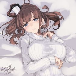 Rule 34 | 1girl, alternate costume, artist name, bed sheet, blue eyes, breasts, brown hair, dated, kantai collection, large breasts, long hair, long sleeves, rokuwata tomoe, saratoga (kancolle), side ponytail, smile, solo, sweater, twitter username, white sweater