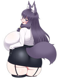 Rule 34 | 1girl, animal ear fluff, animal ears, black gloves, black skirt, black thighhighs, blush, borrowed character, breasts, cowboy shot, female focus, fox ears, fox tail, futon7979, garter straps, glasses, gloves, highres, huge breasts, legs, long hair, looking at viewer, matching hair/eyes, open mouth, plump, purple eyes, purple hair, shiny skin, shirt, simple background, skin tight, skindentation, skirt, smile, solo, standing, sweatdrop, tail, thick thighs, thighhighs, thighs, white background, white shirt, wide hips, zettai ryouiki