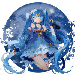 Rule 34 | 1girl, aiko (kanl), bad id, bad pixiv id, blue dress, blue eyes, blue gloves, blue hair, blue nails, blue ribbon, bridal garter, bug, butterfly, choker, collarbone, commentary request, constellation print, detached sleeves, dress, fingerless gloves, frills, gloves, glowing butterfly, hair ornament, hair ribbon, hairclip, hatsune miku, holding, holding wand, insect, long hair, long sleeves, looking at viewer, nail polish, ribbon, sky, smile, solo, star (sky), starry sky, starry sky print, striped ribbon, twintails, very long hair, vocaloid, wand, wide sleeves, yuki miku, yuki miku 2017