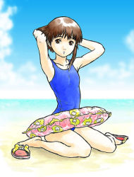 Rule 34 | 1990s (style), 1girl, adjusting hair, arms up, bare legs, barefoot, beach, blue one-piece swimsuit, brown eyes, brown hair, female focus, innertube, iwakura lain, ocean, one-piece swimsuit, outdoors, retro artstyle, serial experiments lain, shoes, short hair, sitting, swim ring, swimsuit, wariza
