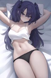 Rule 34 | 1girl, absurdres, armpits, bed sheet, black panties, blue archive, blush, breasts, camisole, closed mouth, collarbone, cowboy shot, highres, long hair, looking at viewer, medium breasts, panties, pillow, purple eyes, purple hair, solo, thighs, two side up, underwear, white camisole, yuuka (blue archive), zeatto