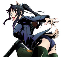 Rule 34 | 1girl, 5to rai, animal ears, arm behind back, ass, black hair, blue jacket, crotch seam, dog ears, dog tail, drum magazine, from below, from side, gun, hattori shizuka, high ponytail, jacket, long hair, looking at viewer, machine gun, magazine (weapon), open mouth, school swimsuit, sidelocks, solo, strike witches, striker unit, swimsuit, tail, thighs, uniform, weapon, white background, world witches series