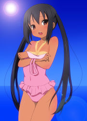 Rule 34 | 00s, 1girl, black hair, blue background, blush, brown eyes, k-on!, kyoku tou, lens flare, long hair, looking at viewer, nakano azusa, one-piece swimsuit, one-piece tan, open mouth, pink one-piece swimsuit, solo, swimsuit, swimsuit skirt, tan, tanline, teeth, twintails, undressing