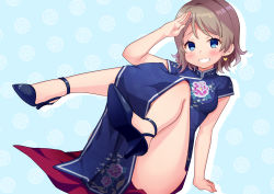 Rule 34 | 10s, 1girl, arm support, bad id, bad pixiv id, bare legs, blue dress, blue eyes, blue footwear, blush, breasts, china dress, chinese clothes, dress, dutch angle, earrings, floral print, grin, heart, heart earrings, high heels, highres, jewelry, legs, legs up, light brown hair, love live!, love live! school idol festival, love live! sunshine!!, medium breasts, robin16, salute, shoes, short hair, short sleeves, side slit, sitting, smile, solo, thighs, turtleneck, watanabe you