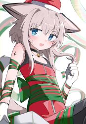 Rule 34 | 1girl, :d, absurdres, animal ears, arknights, bare shoulders, black choker, black pantyhose, blue eyes, blush, box, brown hair, choker, collarbone, dress, fox ears, fox girl, fox tail, fur-trimmed headwear, fur trim, gift, gift box, gloves, green ribbon, hair between eyes, hand up, hat, highres, long hair, looking at viewer, open mouth, pantyhose, red dress, red hat, ribbon, santa hat, simple background, sitting, smile, solo, spam (spamham4506), striped ribbon, sussurro (arknights), sweat, tail, white background, white gloves