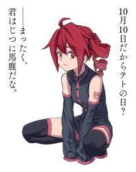Rule 34 | 1girl, ahoge, between legs, black thighhighs, commentary, date pun, detached sleeves, dress, drill hair, full body, hand between legs, highres, kasane teto, light smile, long sleeves, looking at viewer, number pun, raised eyebrow, red eyes, red hair, short hair, shoulder tattoo, simple background, sleeveless, sleeveless dress, sleeves past fingers, sleeves past wrists, solo, squatting, tattoo, thighhighs, translated, twin drills, utau, white background, yasutange, zettai ryouiki