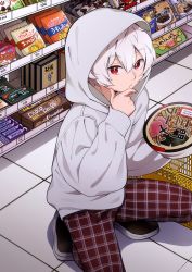 Rule 34 | 1boy, absurdres, bag of chips, basket, bishounen, candy, character request, commentary request, convenience store, cookie, copyright request, finger to mouth, food, groceries, highres, holding, hood, hoodie, indoors, long sleeves, looking at viewer, male focus, original, plaid pajamas, red eyes, shop, shopping, shopping basket, short hair, solo, supermarket, uma u, white hair, white hoodie