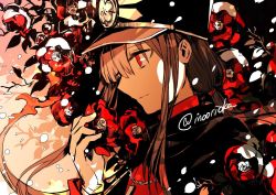 Rule 34 | 1boy, black hair, black hat, cape, closed mouth, crest, dated, family crest, fate/grand order, fate (series), flower, from side, hat, highres, holding, holding flower, long hair, long sleeves, male focus, military, military hat, military uniform, monochrome, oda nobukatsu (fate), peaked cap, ponytail, profile, red eyes, rioka (southern blue sky), solo, twitter username, uniform