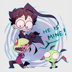 Rule 34 | 3boys, ahoge, alien, artist name, black hair, boots, carrying, carrying person, colored skin, dib (invader zim), earrings, english text, flag, gir (invader zim), glasses, green skin, holding, holding flag, invader zim, jewelry, multiple boys, pants, pink eyes, short hair, yoyochaan, zim (invader zim), zipper
