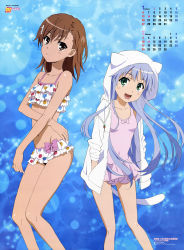Rule 34 | 10s, 2013, 2girls, absurdres, bare legs, bare shoulders, bikini, blue hair, blush, brown eyes, brown hair, calendar, collarbone, feet out of frame, gluteal fold, green eyes, height difference, highres, huge filesize, index (toaru majutsu no index), jacket, legs, long hair, looking at viewer, matching hair/eyes, misaka mikoto, multiple girls, navel, nyantype, official alternate costume, official art, one-piece swimsuit, open mouth, scan, short hair, smile, standing, stomach, swimsuit, tail, tanaka yuuichi, toaru kagaku no railgun, toaru majutsu no index, very long hair