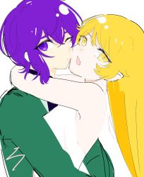 Rule 34 | 2girls, 99kkccqq, bishounen series, blonde hair, cheek-to-cheek, closed mouth, creator connection, crossover, doujima mayumi, fang, fang out, hair between eyes, hair ornament, hairclip, heads together, highres, hug, long sleeves, looking at viewer, monogatari (series), multiple girls, one eye closed, open mouth, oshino shinobu, purple eyes, school uniform, short hair, simple background, sleeveless, white background, yellow eyes, yubiwa high school uniform