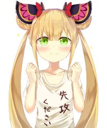 Rule 34 | 1girl, absurdres, blonde hair, blush, bow, clenched hand, closed mouth, clothes writing, collarbone, commentary request, double bun, flat chest, frills, green eyes, hair bow, hair bun, hair ornament, highres, long hair, looking at viewer, luna (shadowverse), red bow, shadowverse, shirt, short sleeves, simple background, solo, sparkle, t-shirt, twintails, upper body, very long hair, white background, white shirt, yamato (muchuu paradigm)